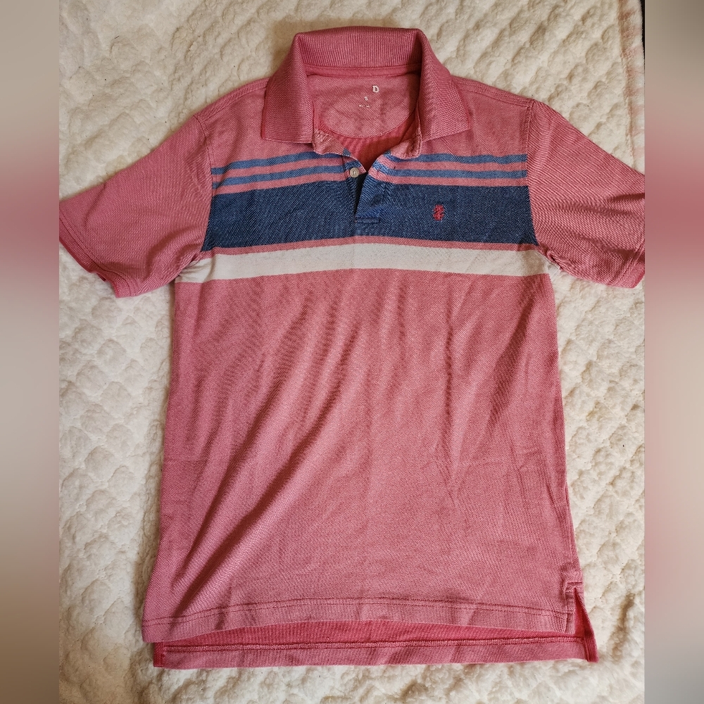 Izod .Men's Pink Polo Shirt with Blue and White Stripes Size S